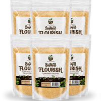 Six stand-up pouches of BigMeal Flourish Plant-Based Flour arranged in two rows on a white background. 